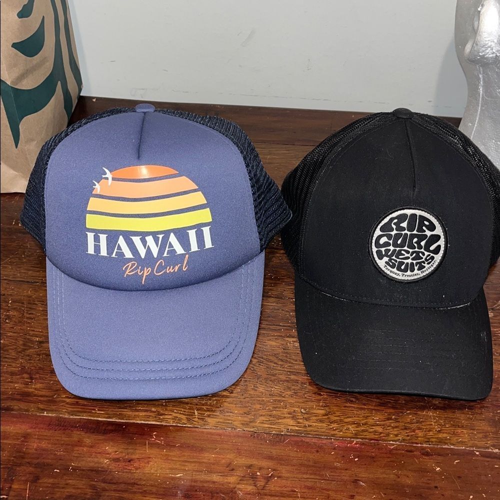 2-Black Rip Curl Trucker & Blue Hawaii Surfer SnapBack hat cap retro vintage